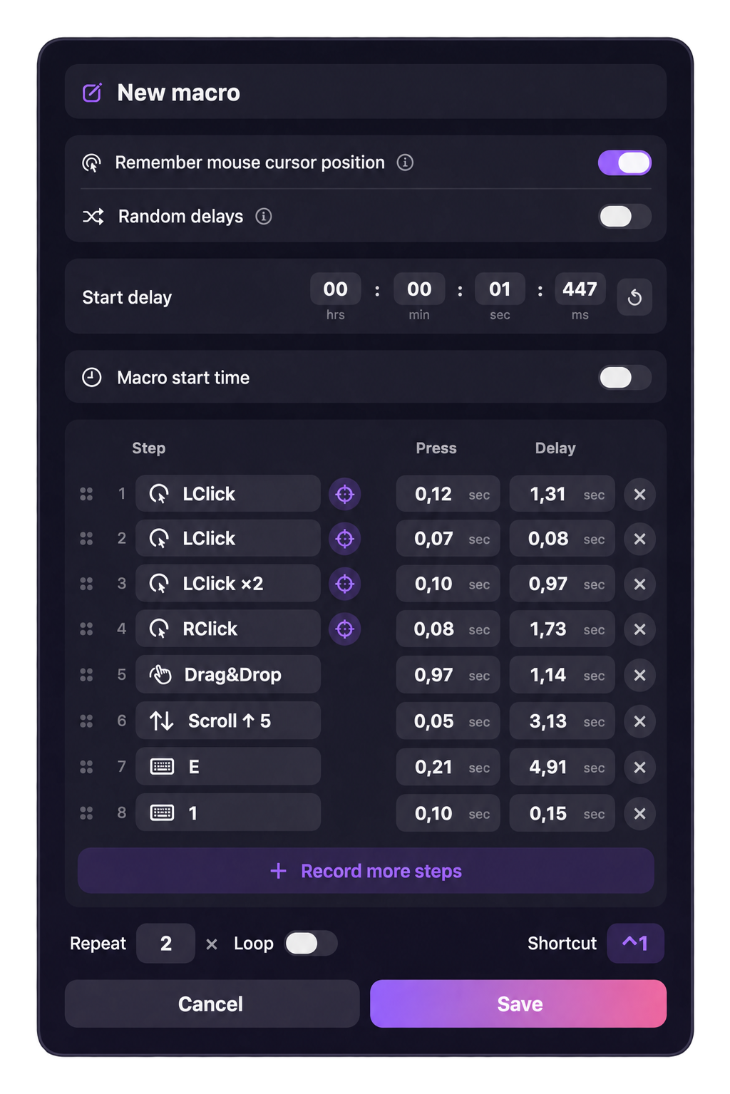 Complete Auto Clicker macro editor with action steps, press durations, delays, repeat controls, and Save button