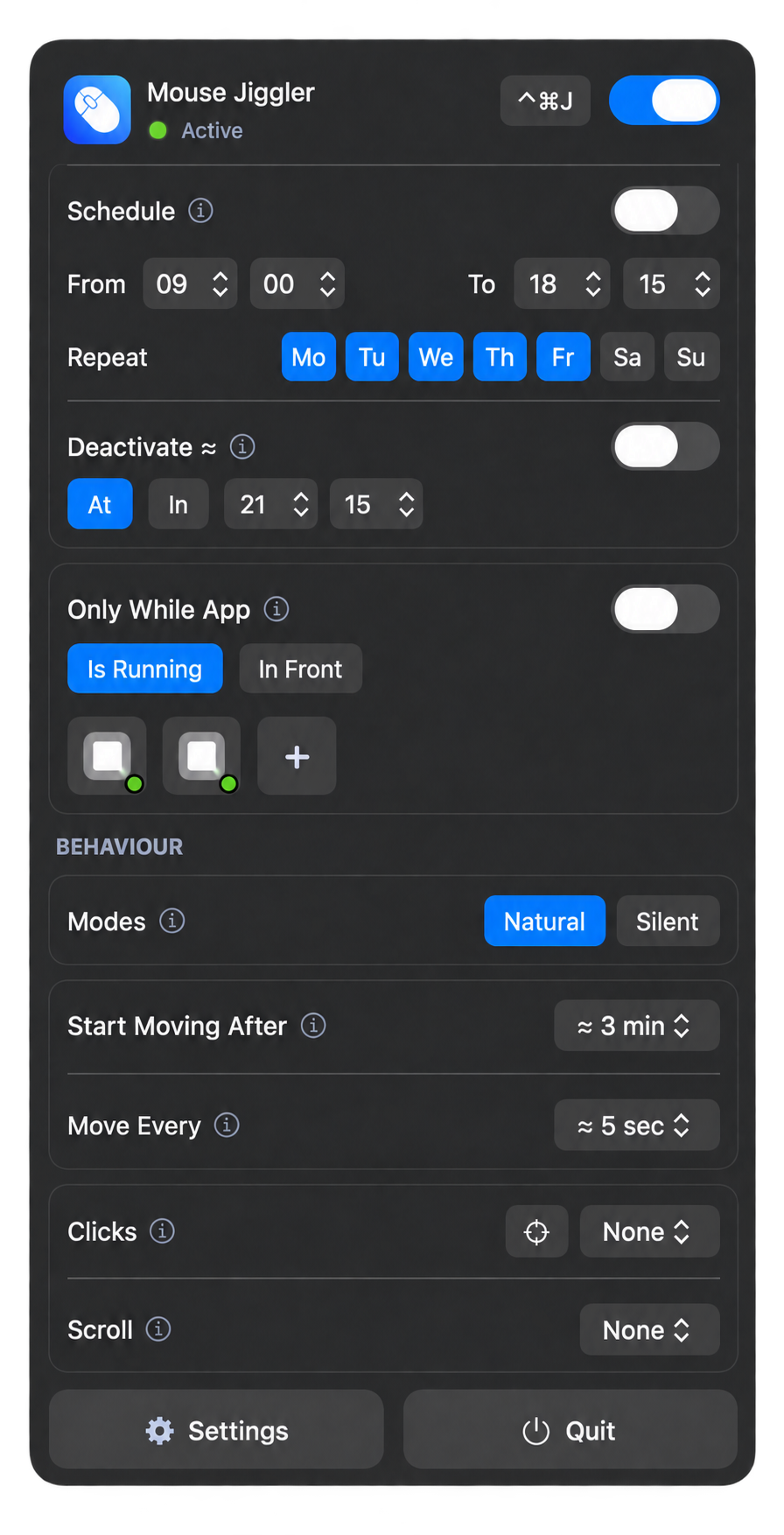 Complete Mouse Jiggler – Cursor Mover panel opened from its icon in the macOS menu bar
