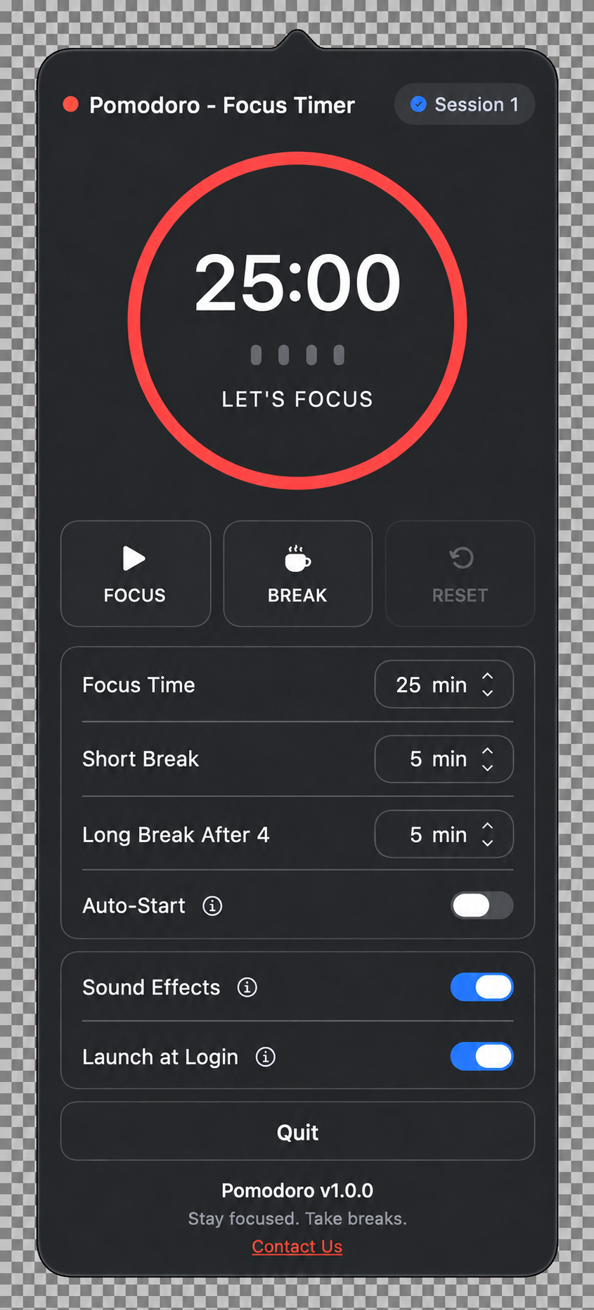 Complete Pomodoro – Focus Timer panel opened from its icon in the macOS menu bar